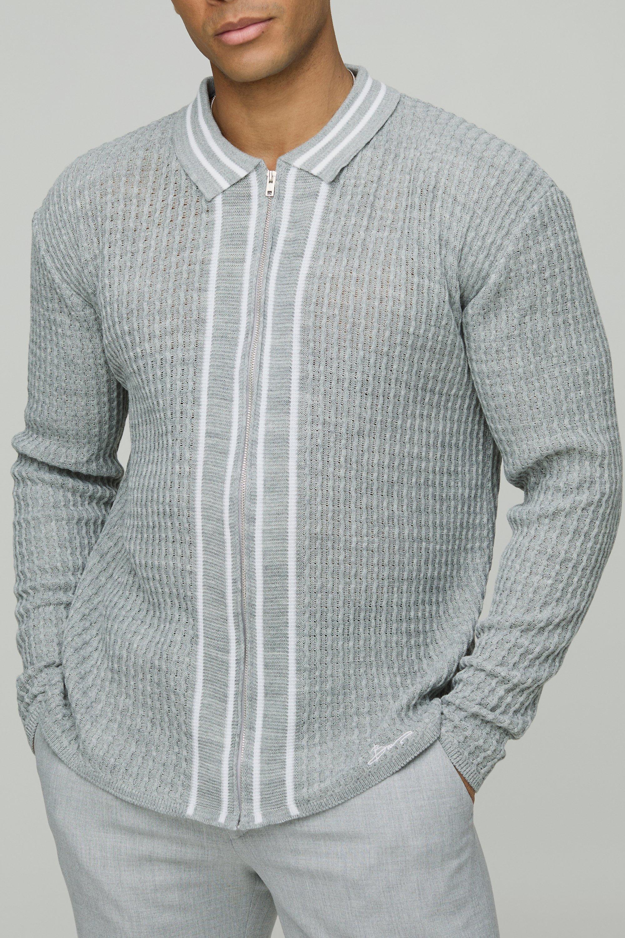 Mens Grey Regular Fit Zip Up Embroidered Lightweight Cable Knitted Shirt, Grey